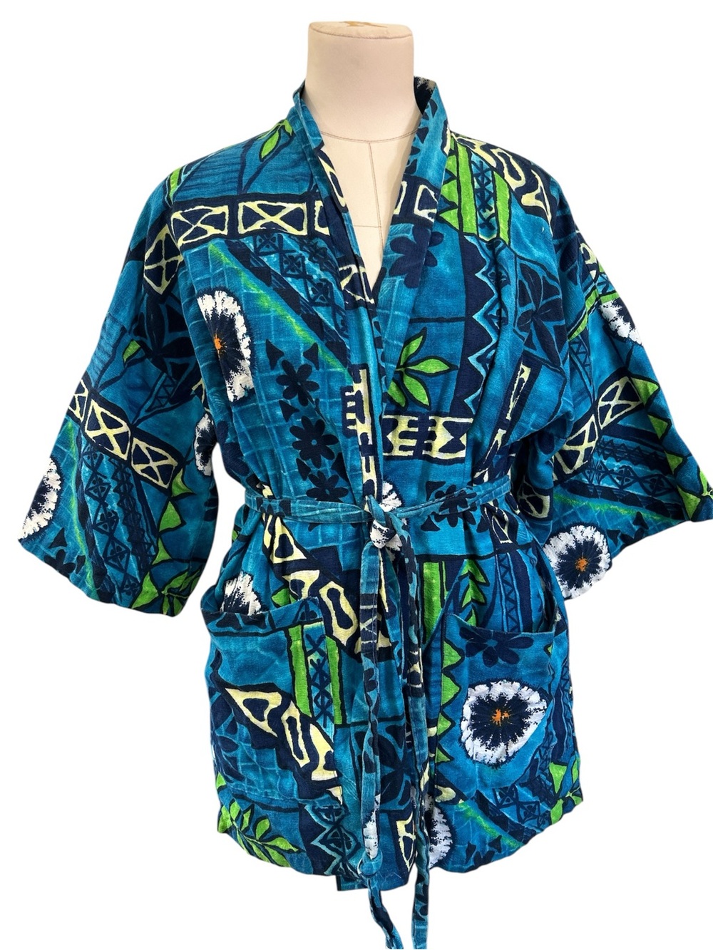 70’s Kiholo Hawaiian print floral barkcloth kimono robe blue small